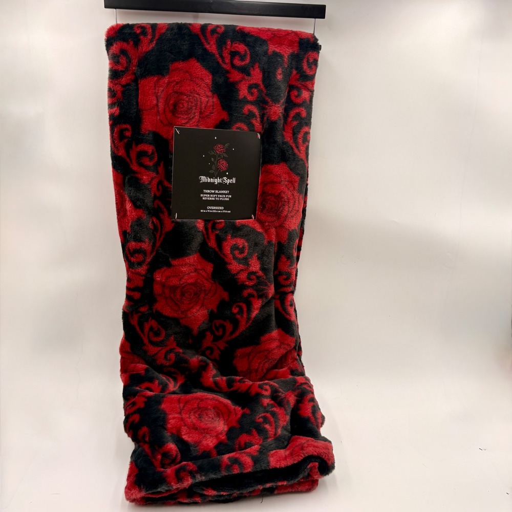 Midnight Spell Red Rose Black Faux Fur Plush Oversized Halloween Throw Blanket